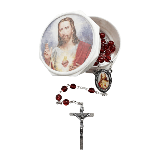 Glass Boxed Sacred Heart Jesus Red Beads