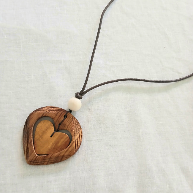 Heart in Heart Wood Necklace