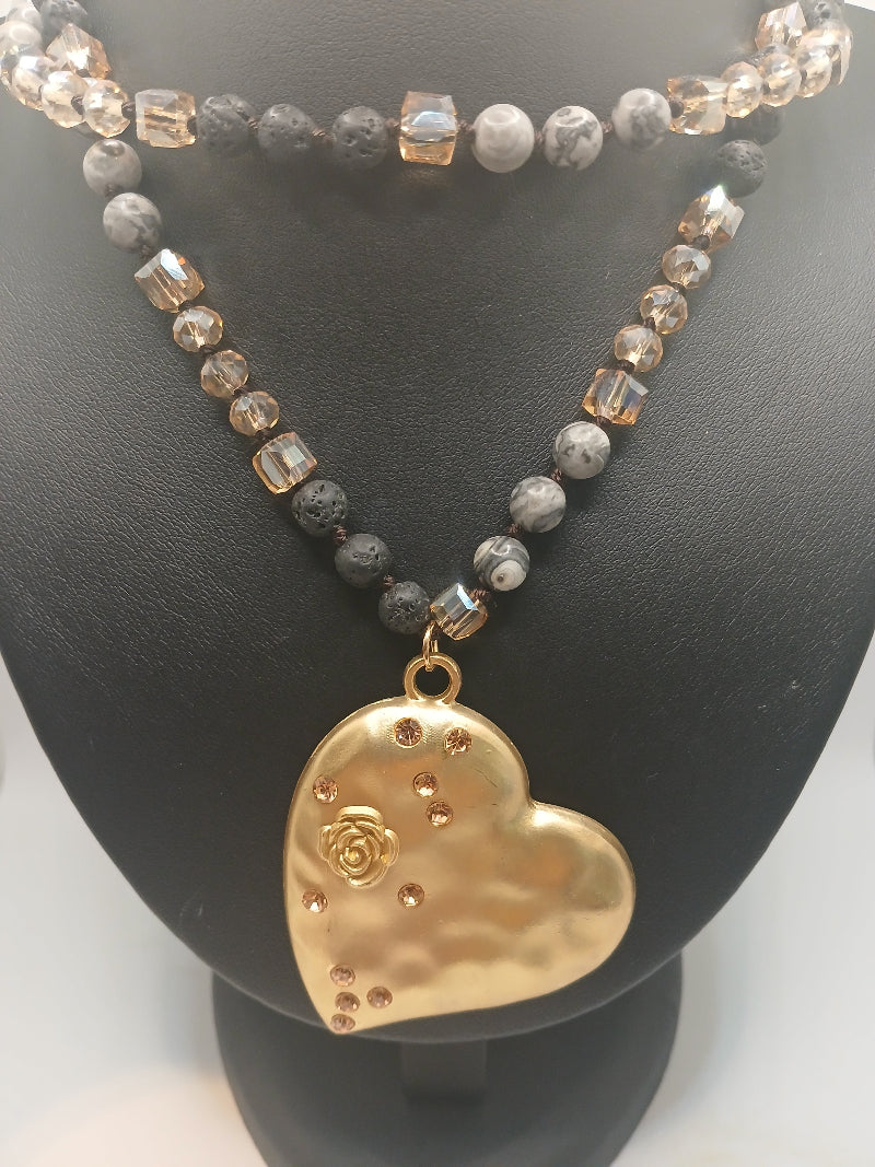 Natural Stone Necklace with Gold Heart