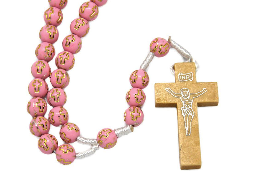 Wood Cord Rosary Gold Cross Pink
