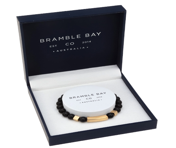 Mens Black Agate Bracelet Gold